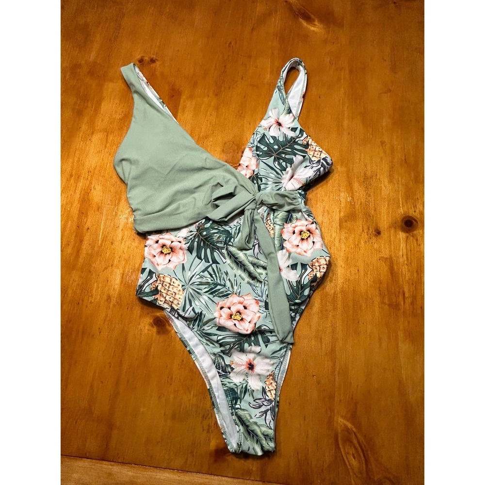 Tropical Floral Pineapple One Piece Swimsuit Sage Green Wrap Tie Large Boho Chic - Picture 10 of 11